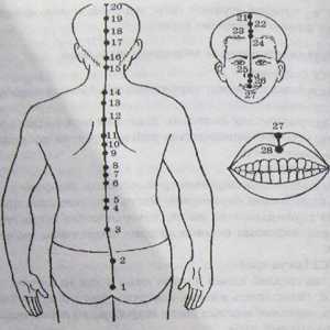 Lokacija in anatomija telesa točk za aromaterapijo. Perednesredinny Meridian Jen-mai